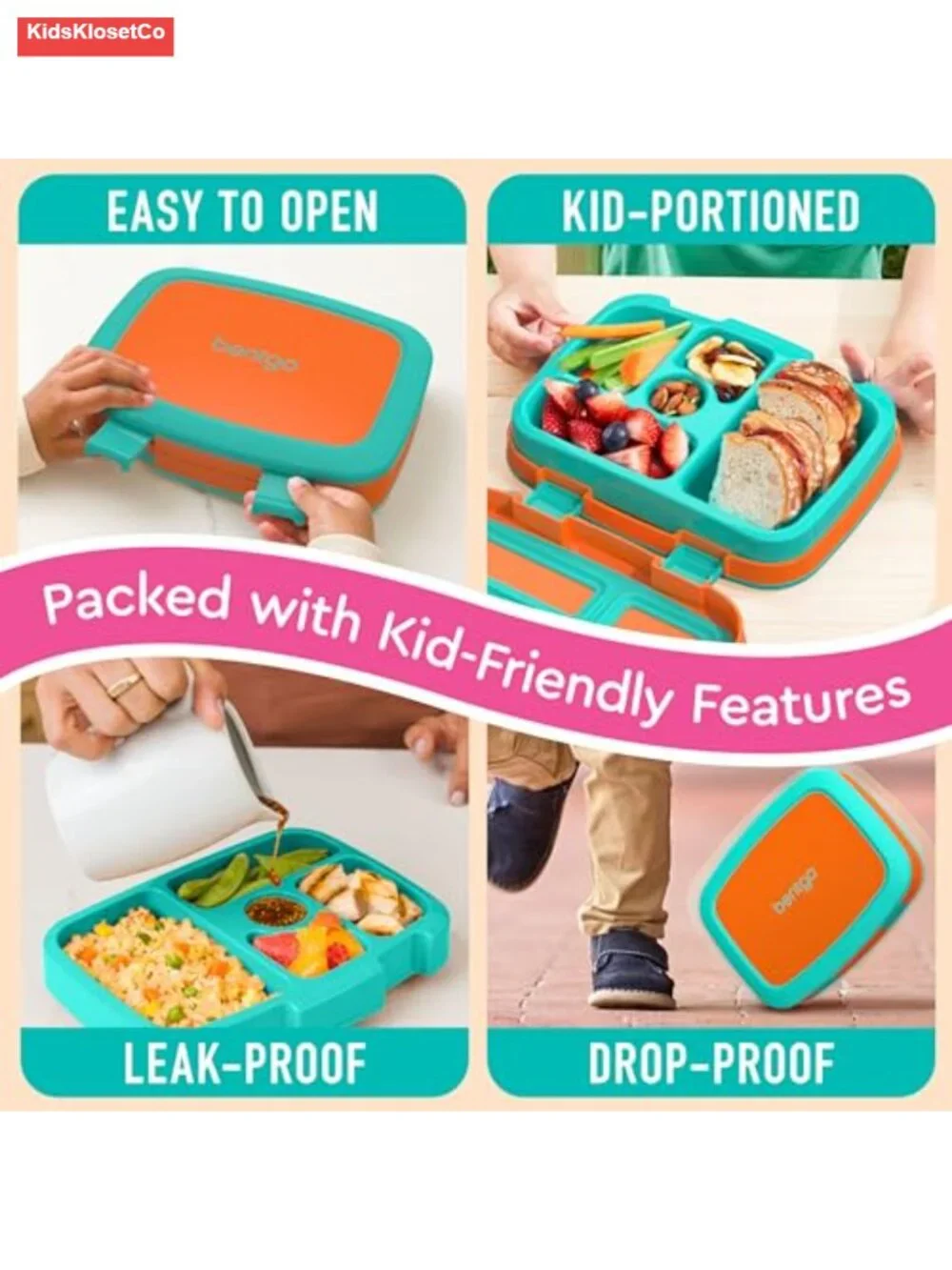 Leak-Proof 5-Compartment Bento Lunch Box for Kids Ages 3-7